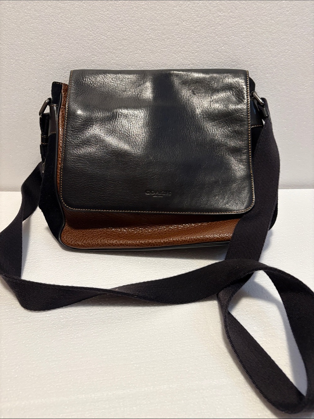 Coach Men's Two-Tone Leather Messenger Bag in Black & Brown